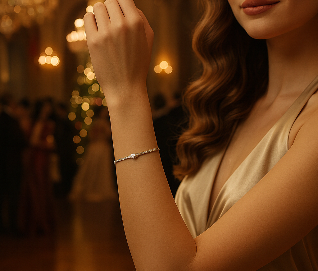 Star elegant Elegante Frau in einem goldenen Kleid, die ein goldenes Armband mit Kristallen trägt.